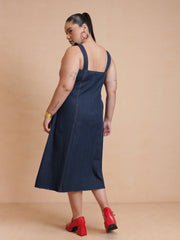 Women Navy Denim Strappy Dress With Shrug