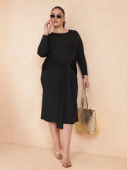 Women Black Front Tie-Knot Bodycon Midi Dress