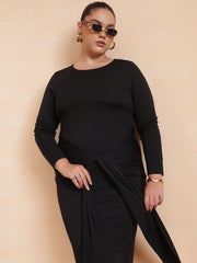 Women Black Front Tie-Knot Bodycon Midi Dress