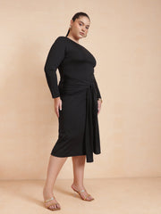 Women Black Front Tie-Knot Bodycon Midi Dress