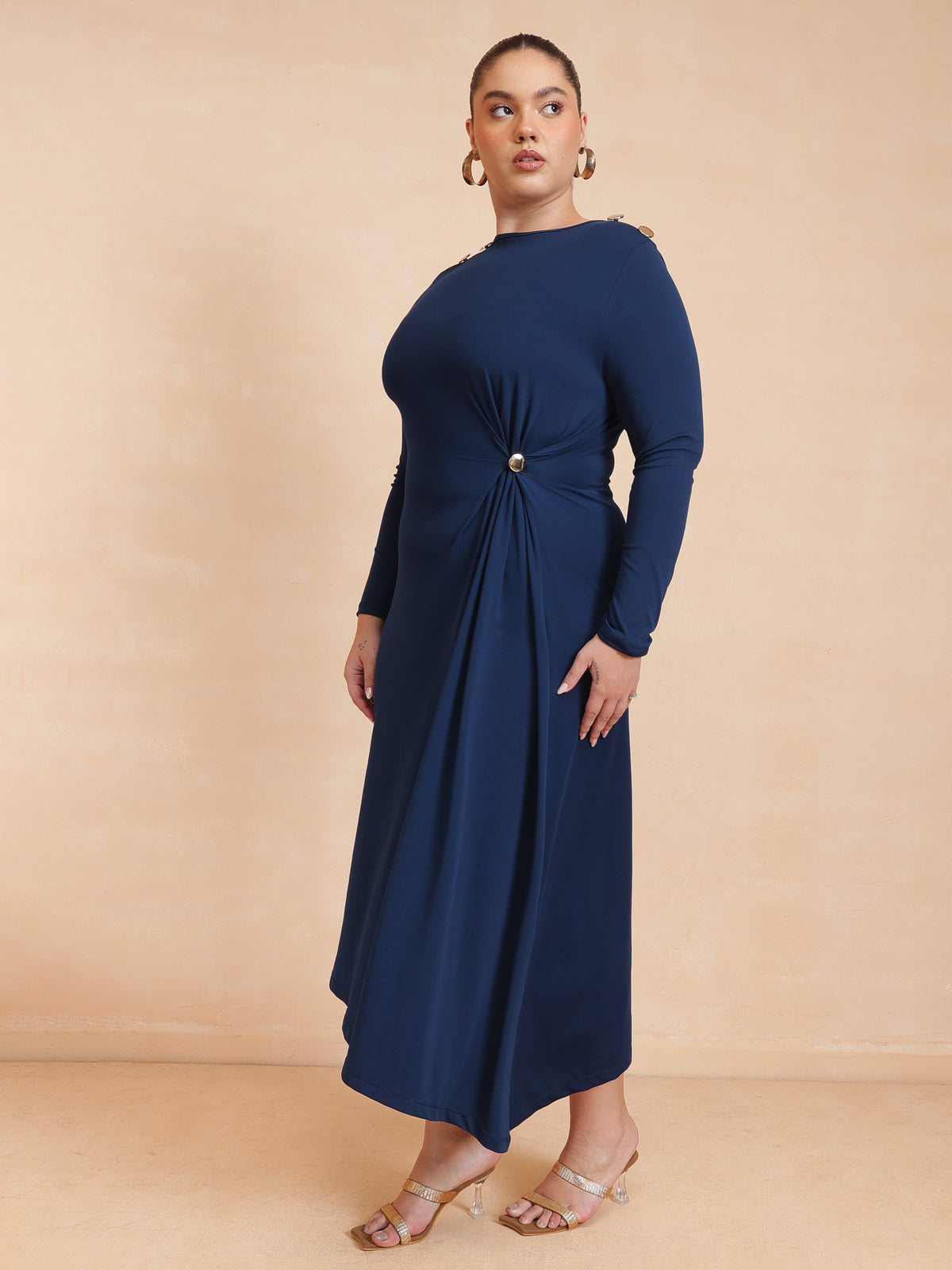 Women Navy Draped Full Sleeves Midi Dress