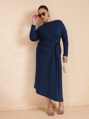 Women Navy Draped Full Sleeves Midi Dress