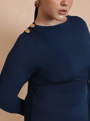 Women Navy Draped Full Sleeves Midi Dress