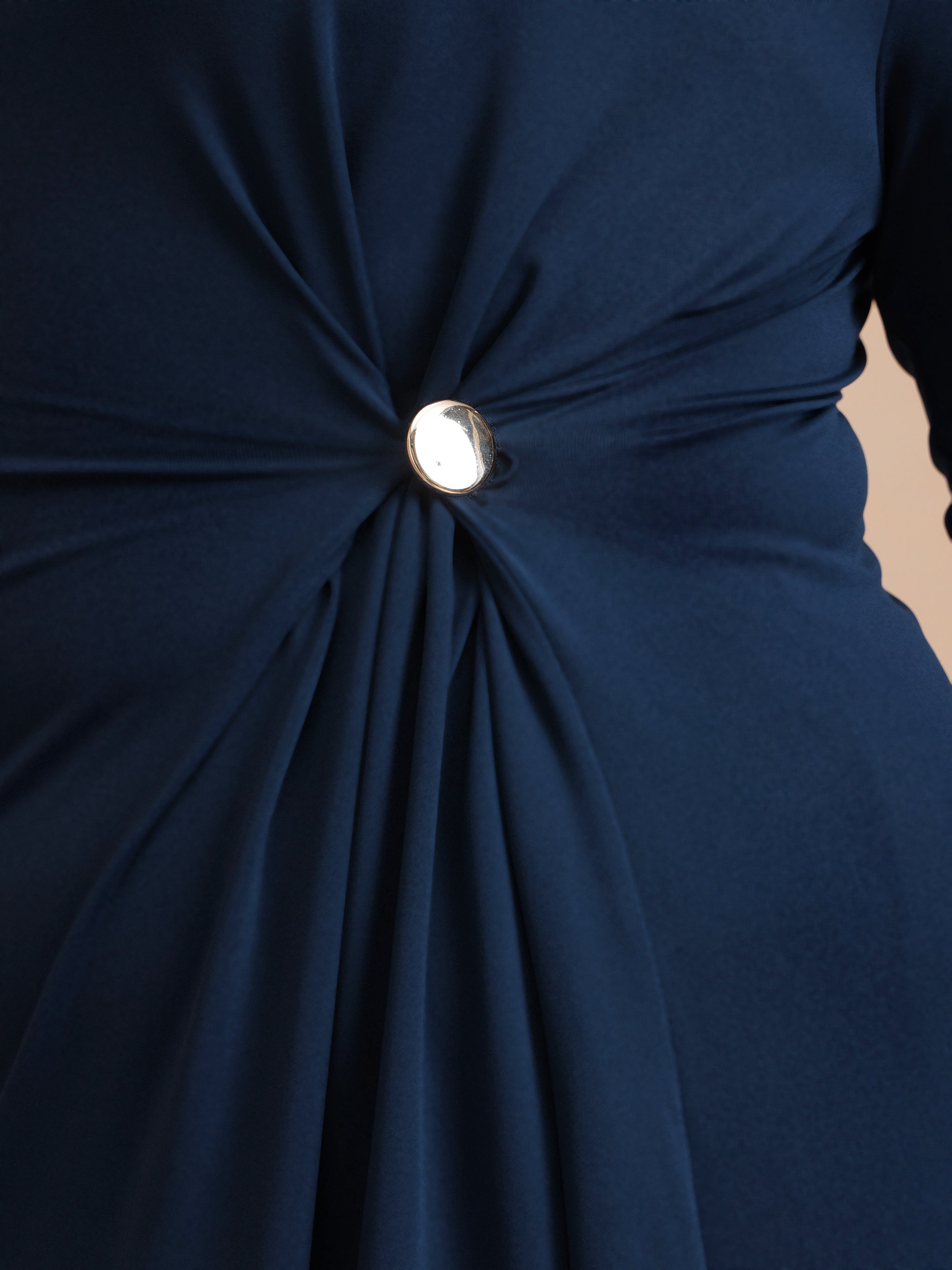 DesiQlo Navy Draped Full Sleeves Midi Dress - Navy Blue