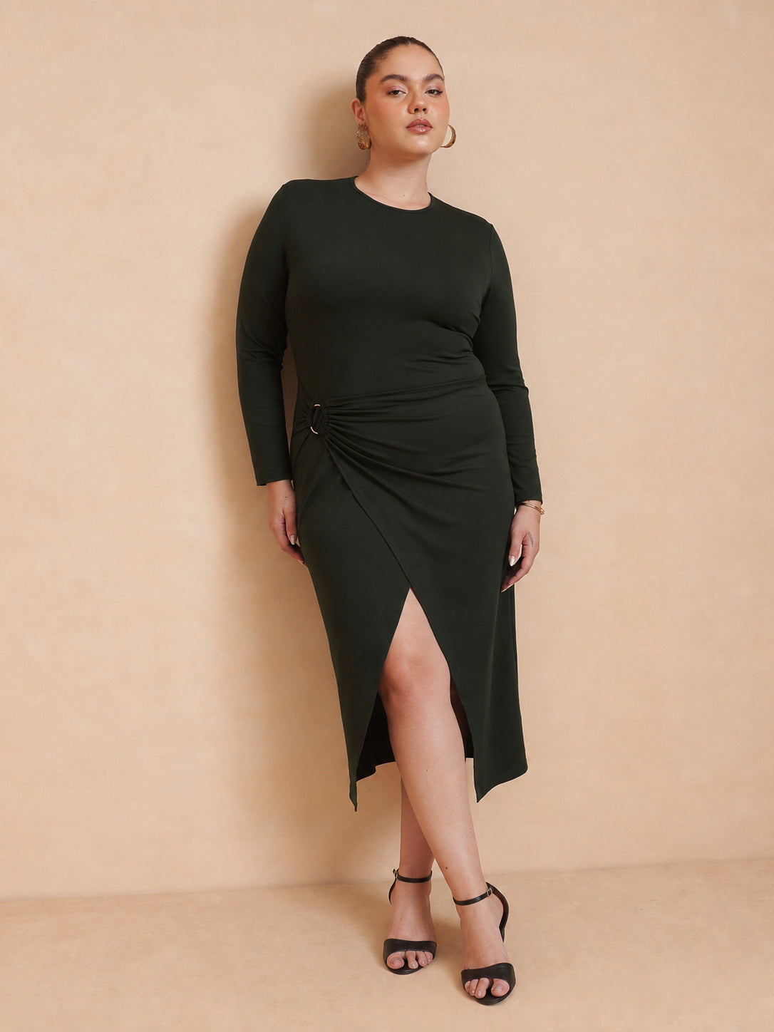 Women Olive Full Sleeves Wrap Dress