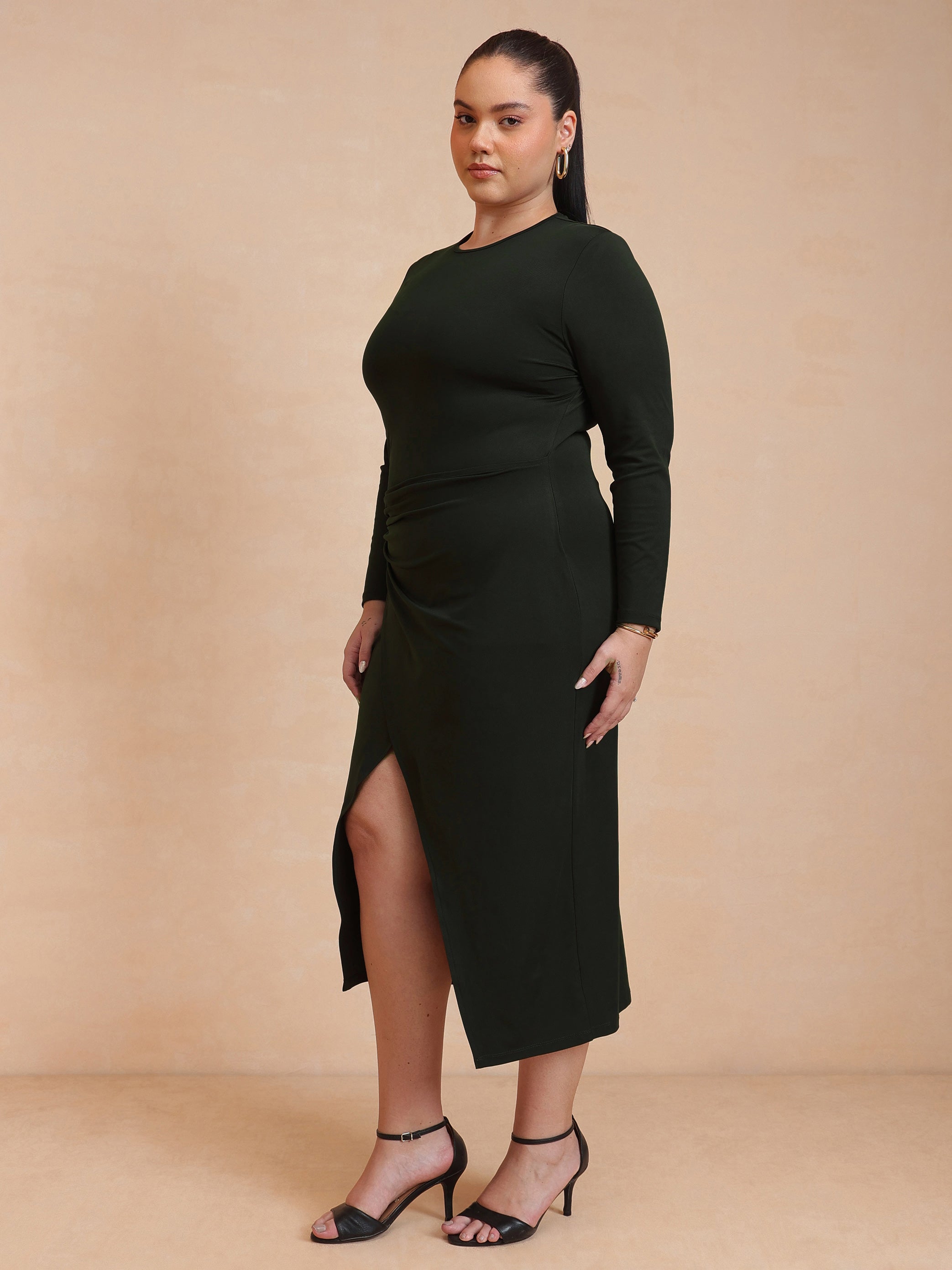 DesiQlo Olive Full Sleeves Wrap Dress - Green