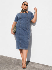 Women Blue Wash Denim Short Sleeves Bodycon Dress