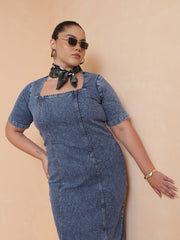 Women Blue Wash Denim Short Sleeves Bodycon Dress