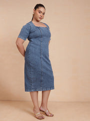 Women Blue Wash Denim Short Sleeves Bodycon Dress