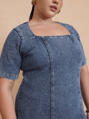 Women Blue Wash Denim Short Sleeves Bodycon Dress