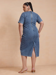 Women Blue Wash Denim Short Sleeves Bodycon Dress