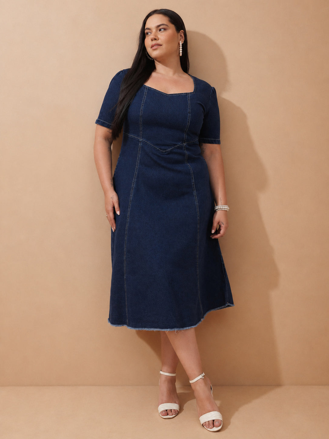 DesiQlo Navy Denim Low Waist Midi Dress - Navy Blue