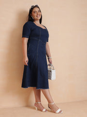 Women Navy Denim Low Waist Midi Dress