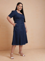 Women Navy Denim Low Waist Midi Dress