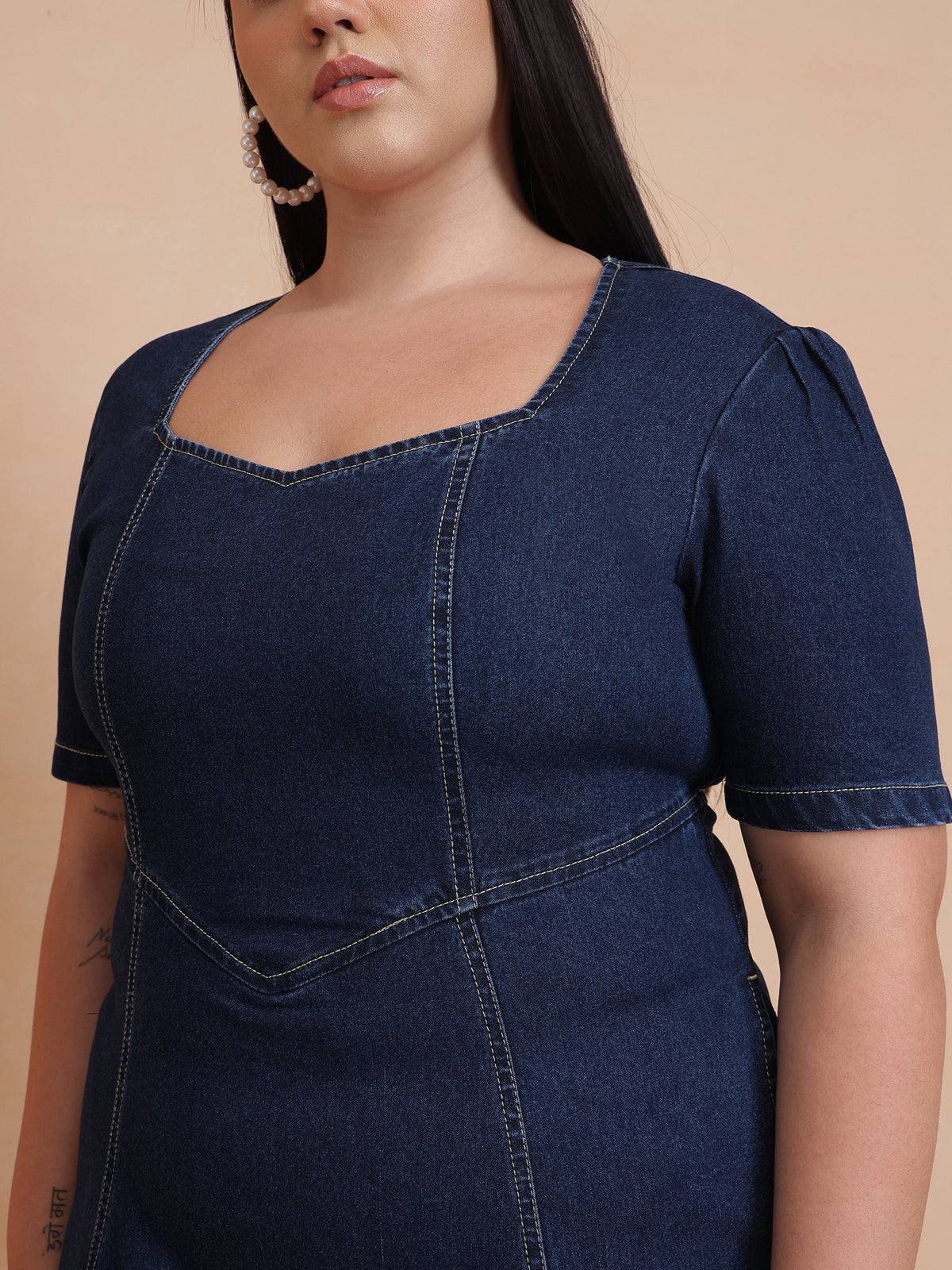 Women Navy Denim Low Waist Midi Dress