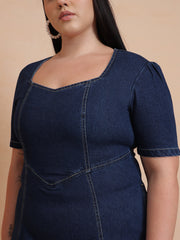 Women Navy Denim Low Waist Midi Dress