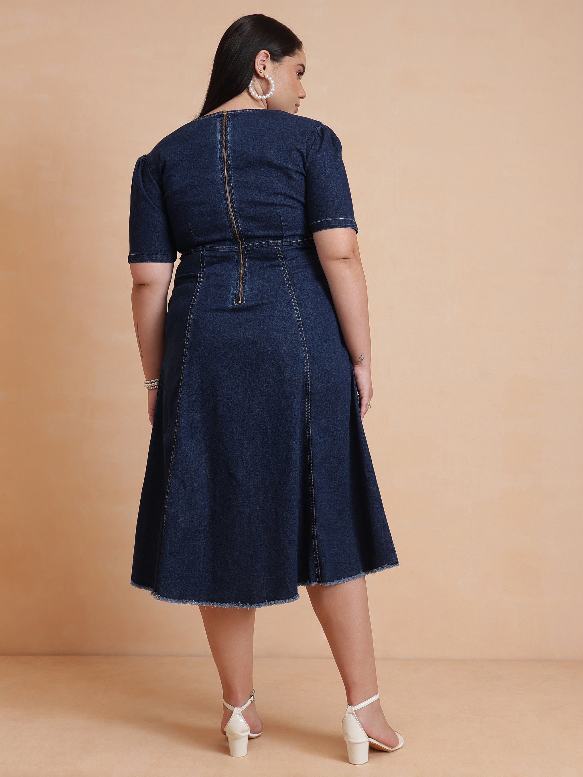 DesiQlo Navy Denim Low Waist Midi Dress - Navy Blue