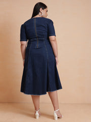 Women Navy Denim Low Waist Midi Dress