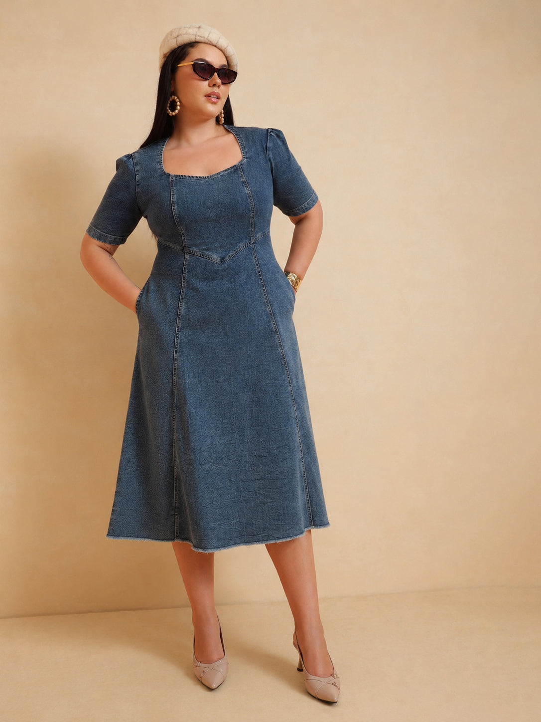 Women Blue Denim Low Waist Midi Dress