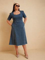 Women Blue Denim Low Waist Midi Dress
