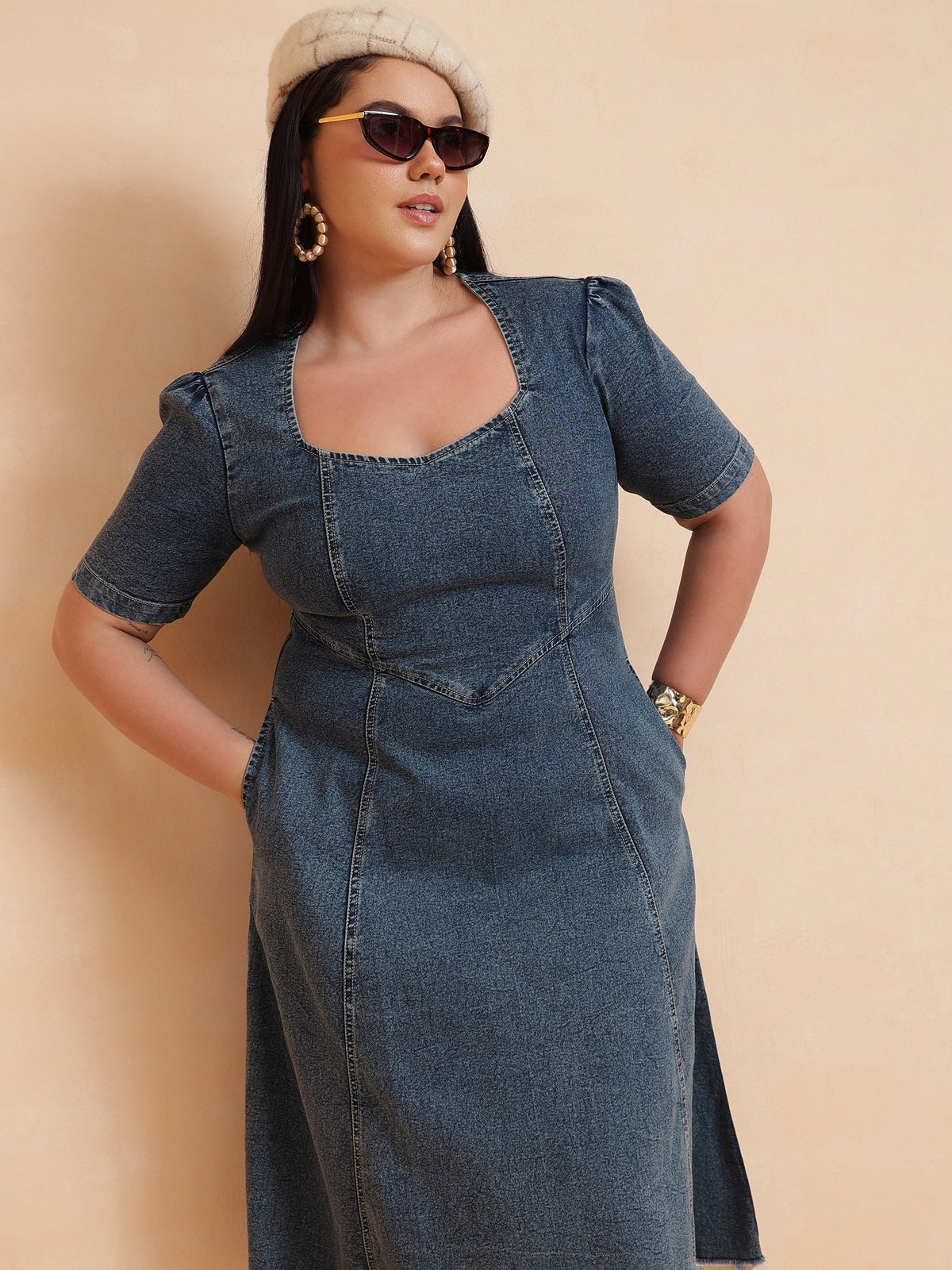 Women Blue Denim Low Waist Midi Dress