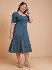 Women Blue Denim Low Waist Midi Dress
