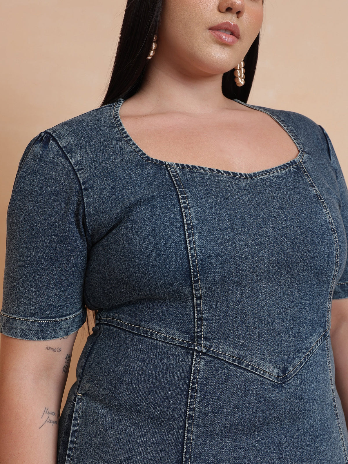 Women Blue Denim Low Waist Midi Dress