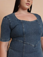 Women Blue Denim Low Waist Midi Dress