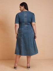 Women Blue Denim Low Waist Midi Dress