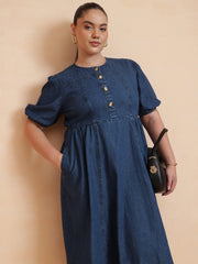 Women Navy Denim Front Button Midi Dress