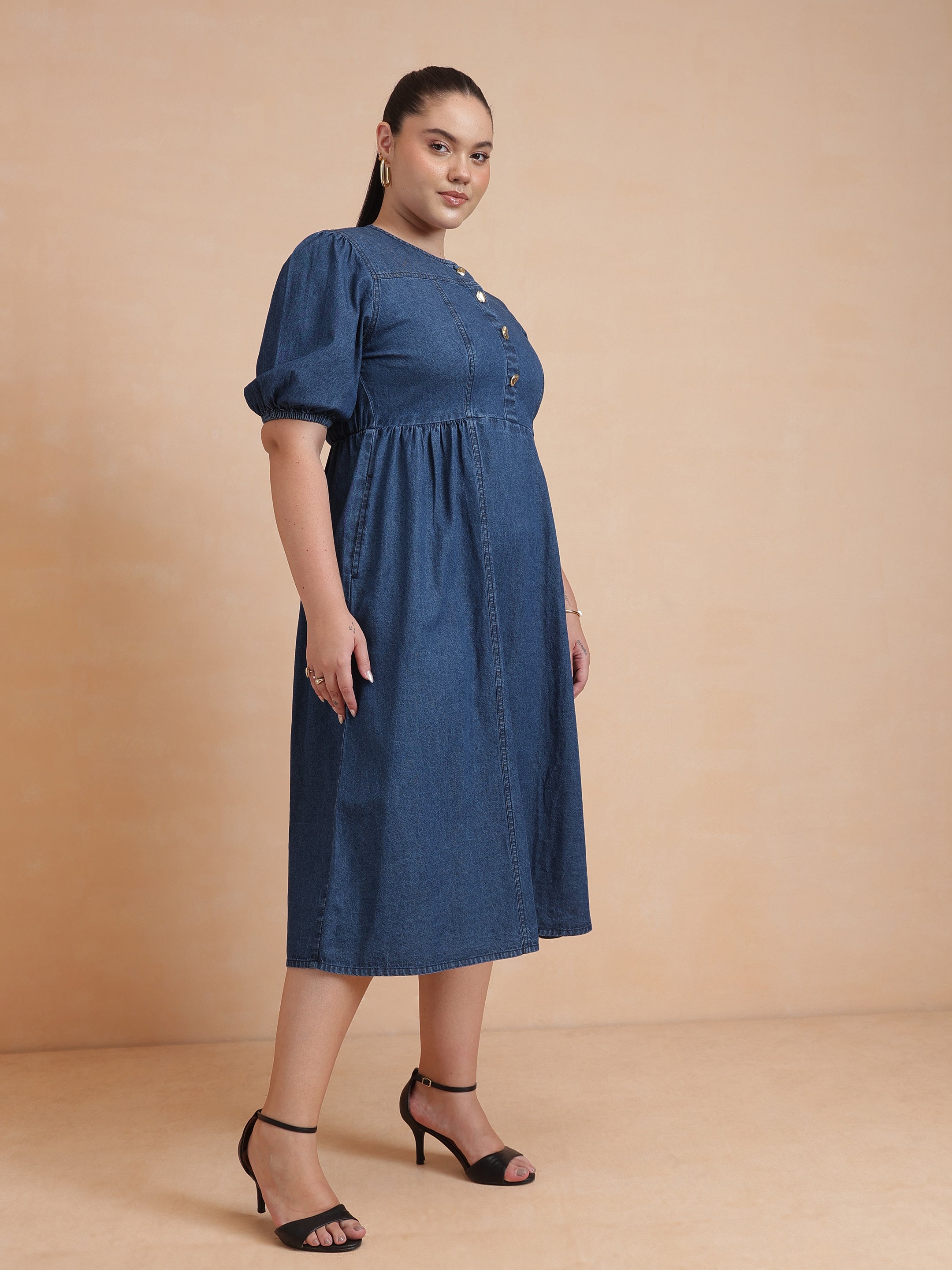 DesiQlo Navy Denim Front Button Midi Dress - Navy Blue