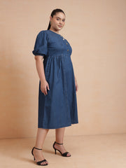 Women Navy Denim Front Button Midi Dress