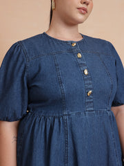 Women Navy Denim Front Button Midi Dress