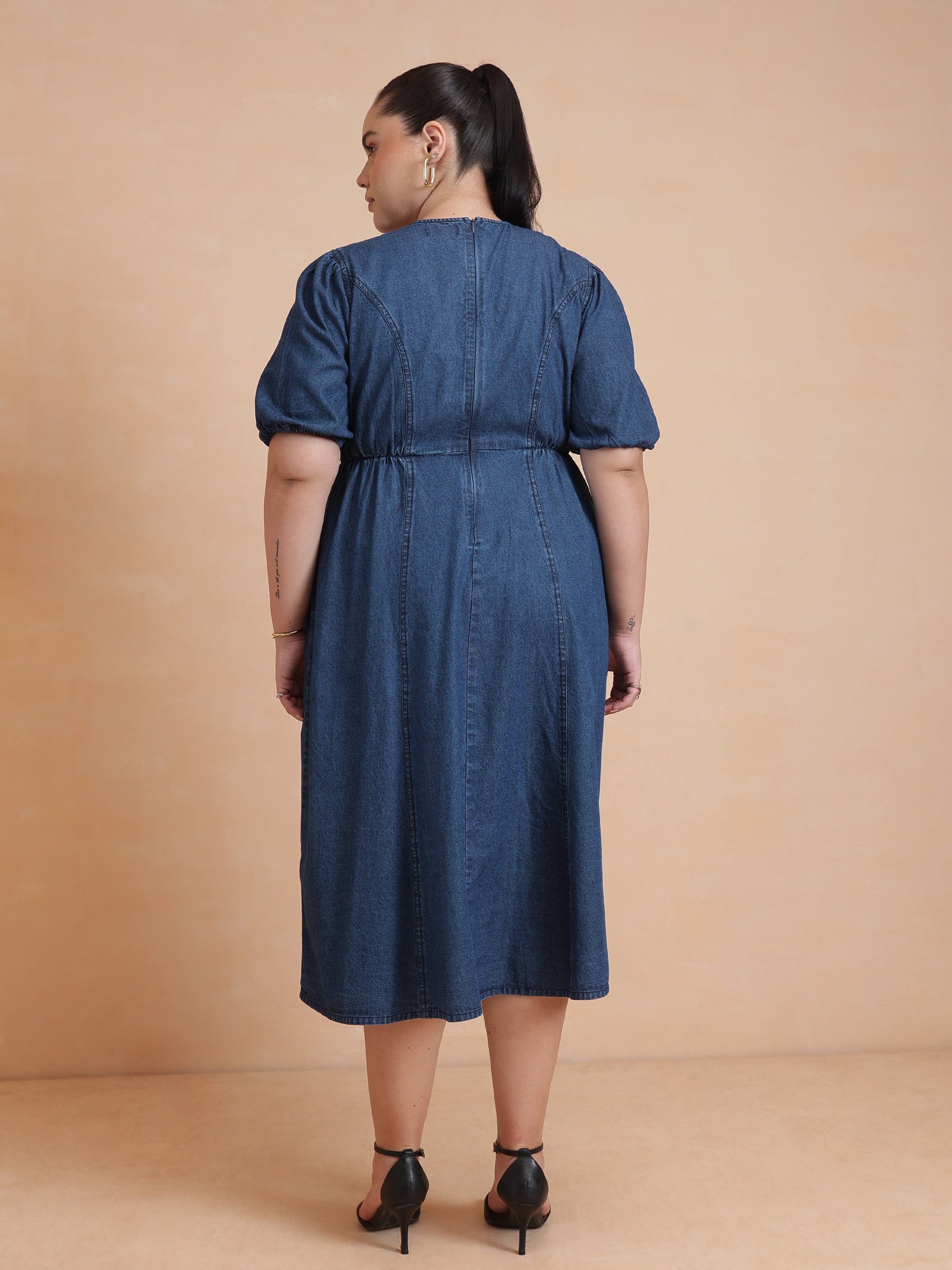DesiQlo Navy Denim Front Button Midi Dress - Navy Blue