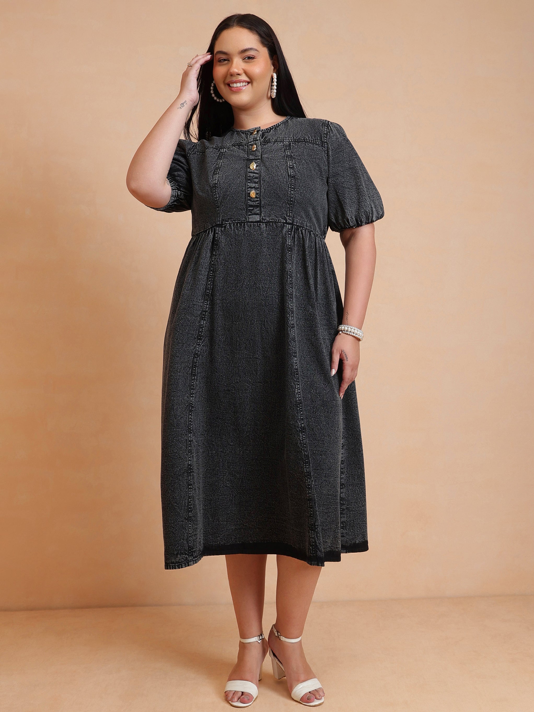 DesiQlo Black Denim Front Button Midi Dress - Black
