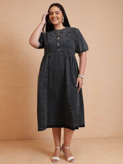 Women Black Denim Front Button Midi Dress