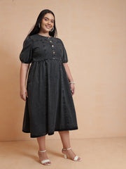 Women Black Denim Front Button Midi Dress