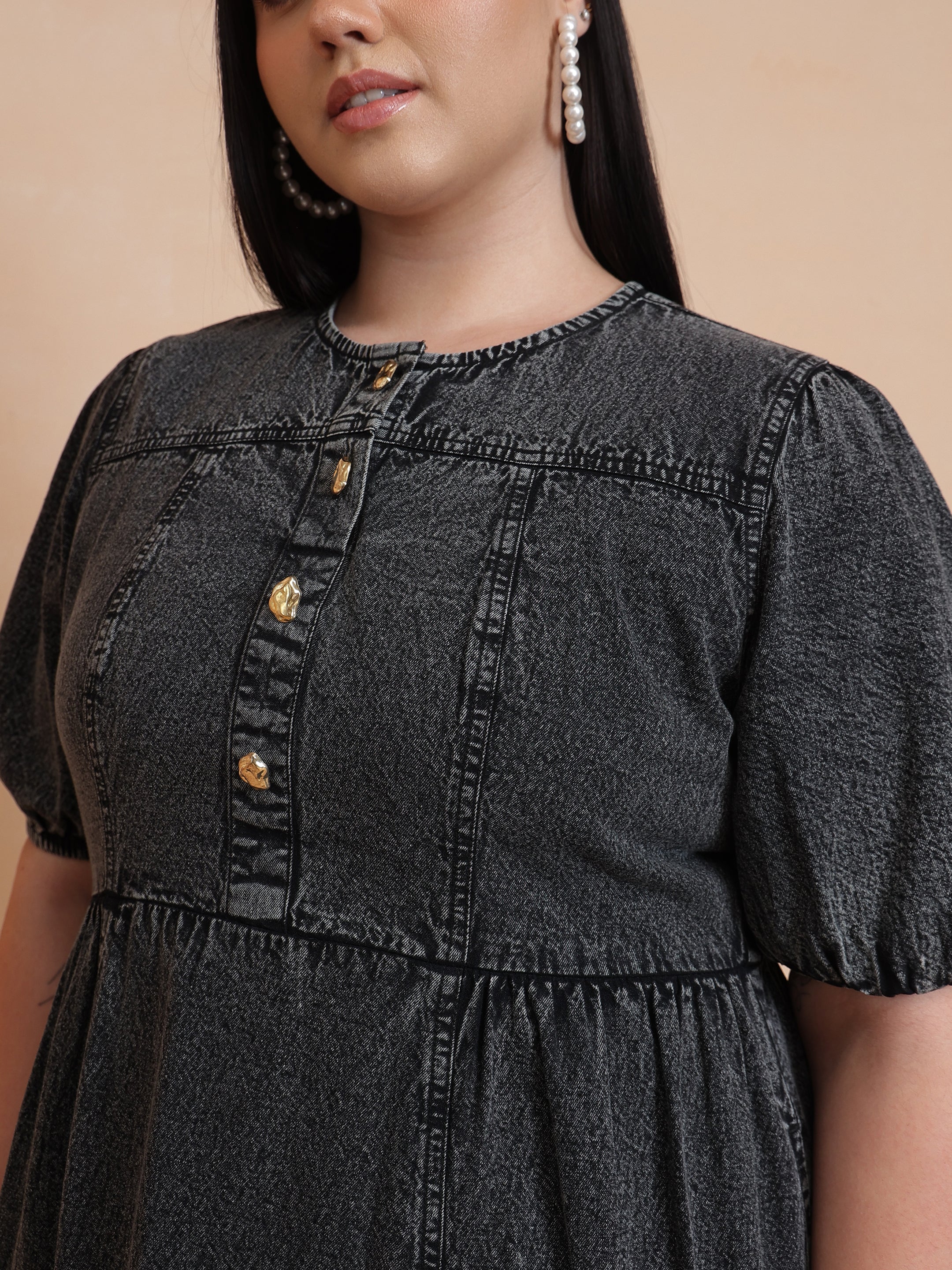 DesiQlo Black Denim Front Button Midi Dress - Black