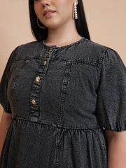 Women Black Denim Front Button Midi Dress
