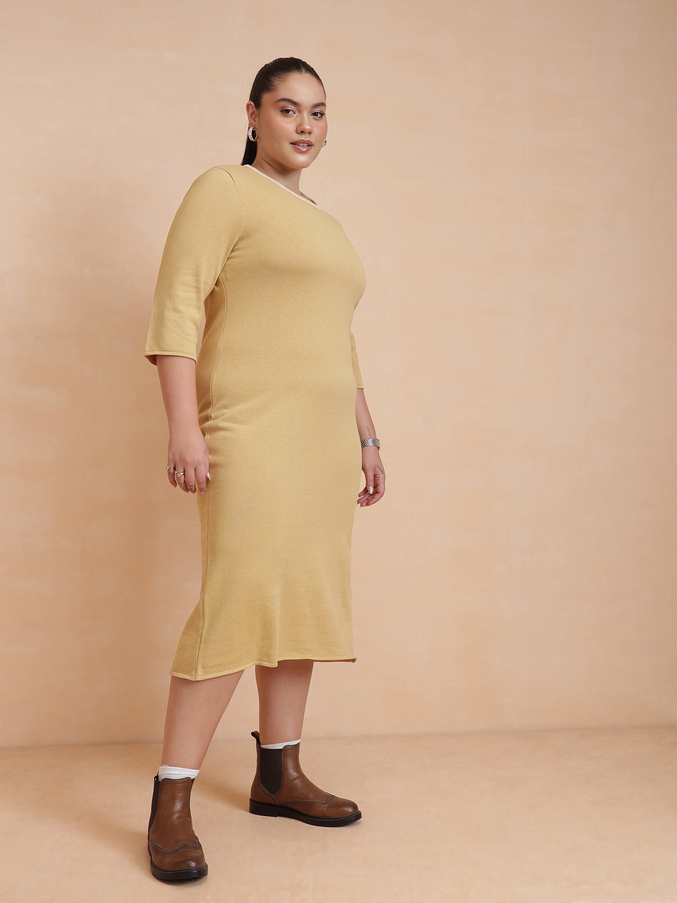 DesiQlo Beige Knit Striped-Ribbed Neck Midi Dress - Beige