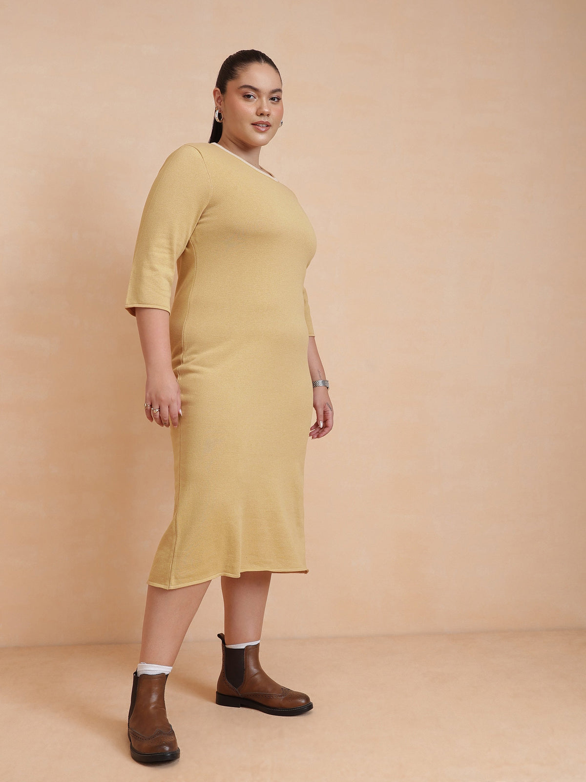Women Beige Knit Striped-Ribbed Neck Midi Dress