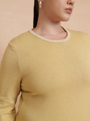 Women Beige Knit Striped-Ribbed Neck Midi Dress