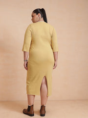 Women Beige Knit Striped-Ribbed Neck Midi Dress
