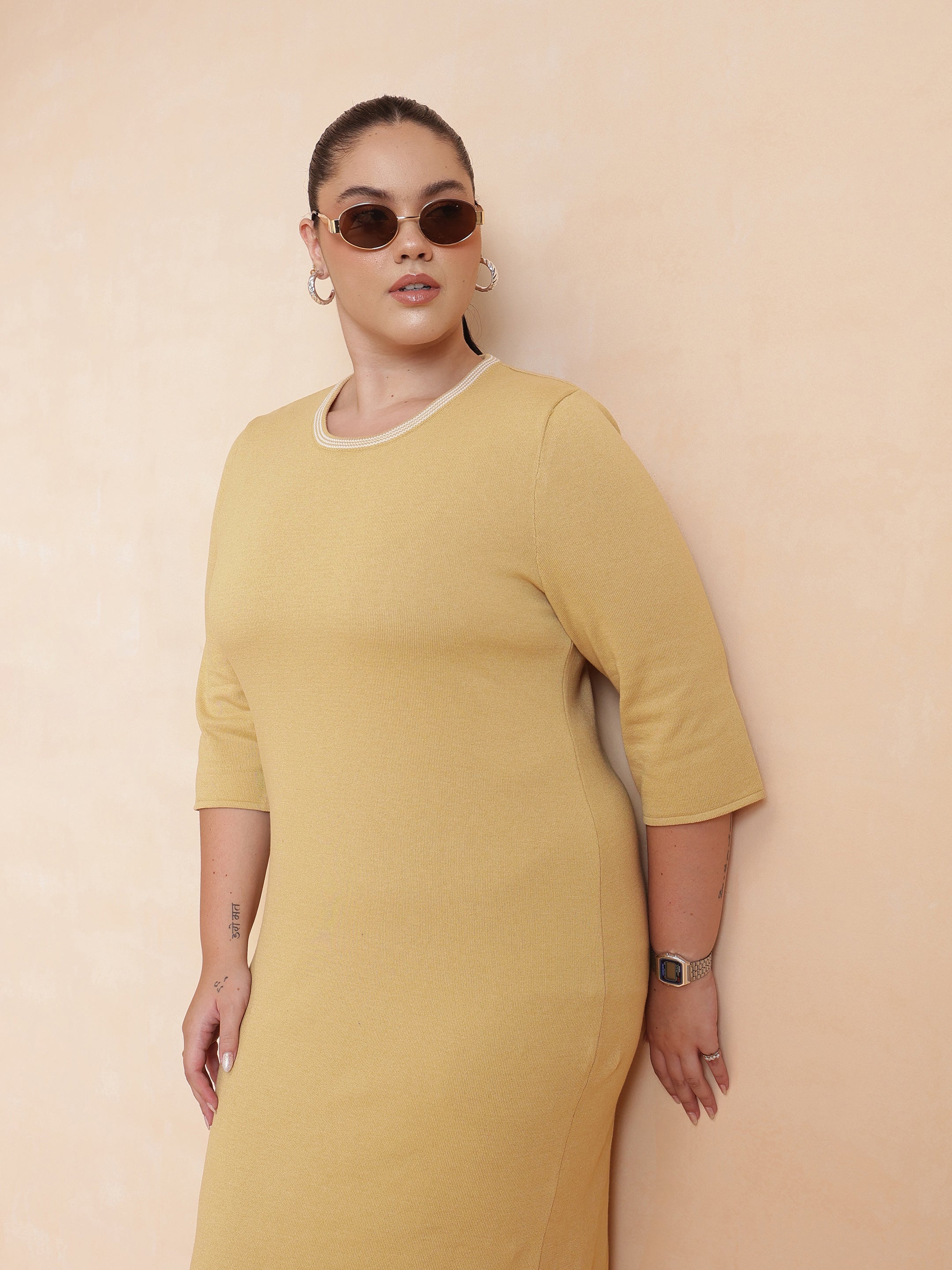 DesiQlo Beige Knit Striped-Ribbed Neck Midi Dress - Beige