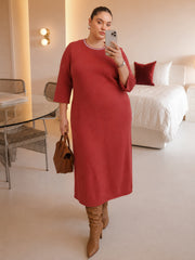 Women Red Knit Striped-Ribbed Neck Midi Dress