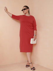 Women Red Knit Striped-Ribbed Neck Midi Dress