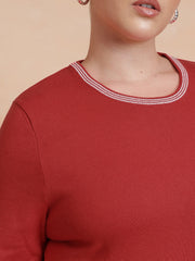 Women Red Knit Striped-Ribbed Neck Midi Dress