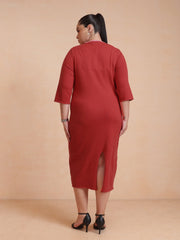 Women Red Knit Striped-Ribbed Neck Midi Dress