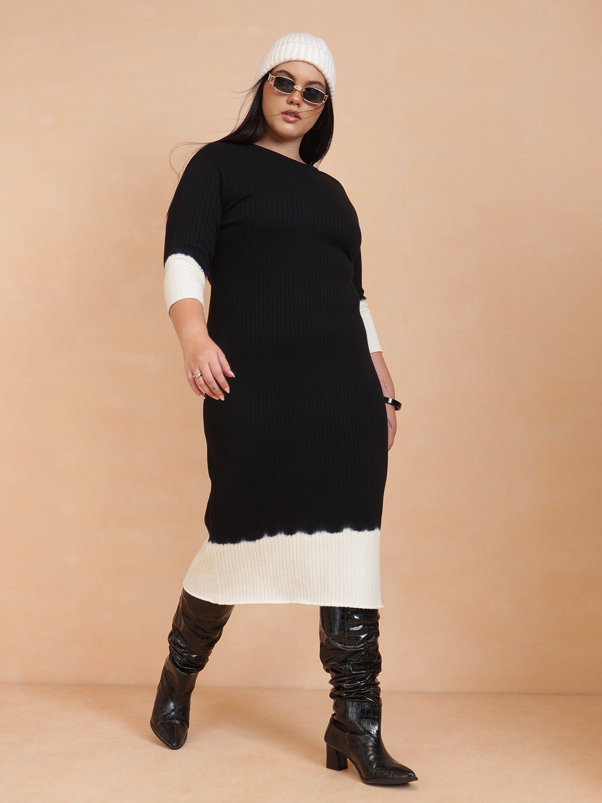 DesiQlo Black & White Knit Round Neck Midi Dress - Black
