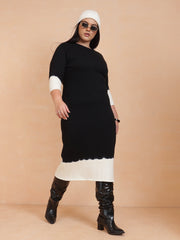 Women Black & White Knit Round Neck Midi Dress